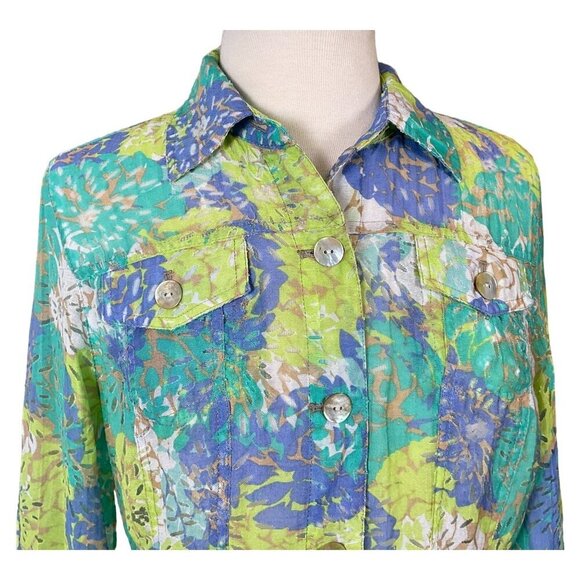 Ruby Road Floral Burnout Shacket Short Tab Sleeves Abalone Buttons Pockets 10P - Picture 2 of 9